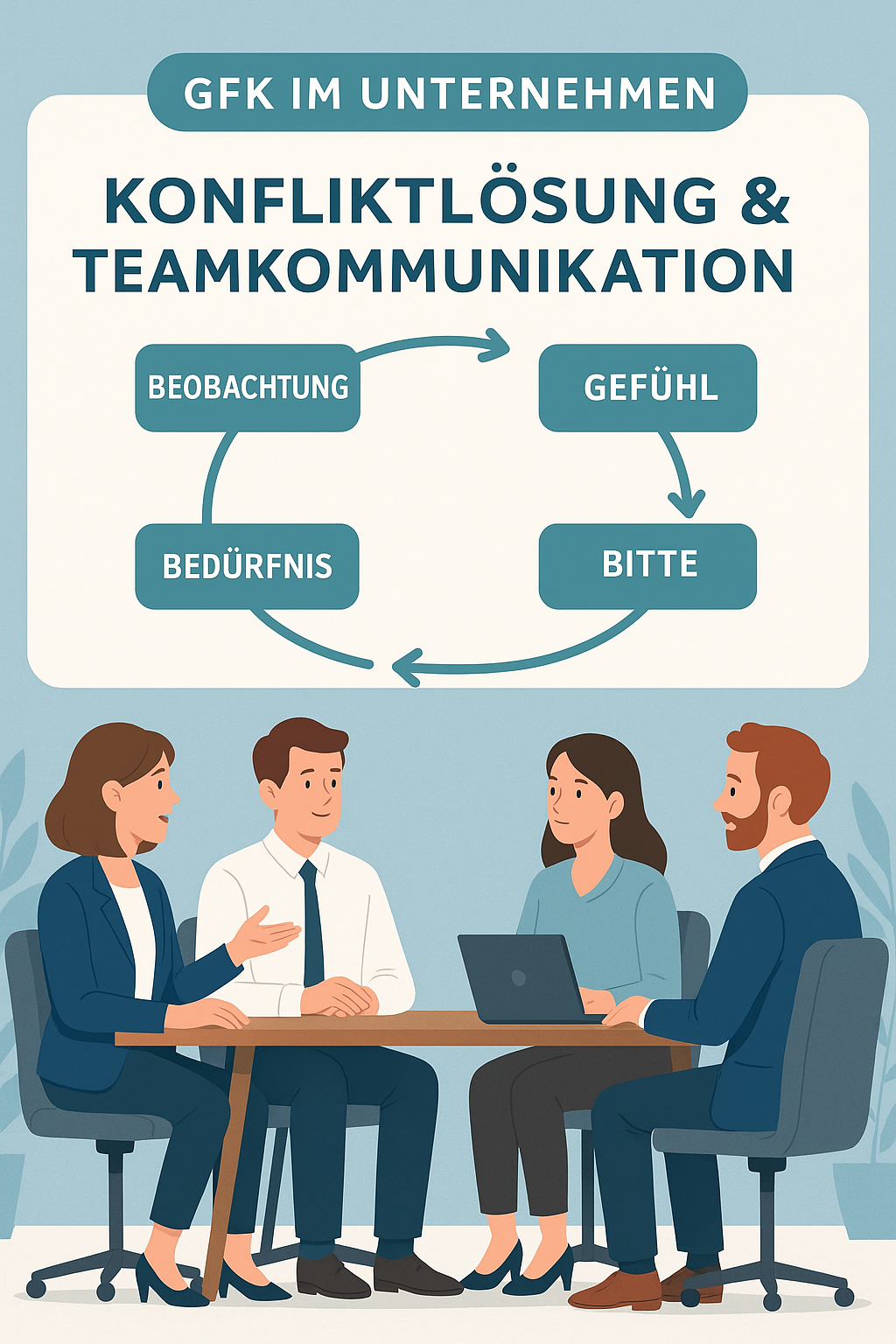 Schaubild: Gewaltfreie Kommunikation im Unternehmen – Konfliktlösung und Teamkommunikation mit den vier Schritten