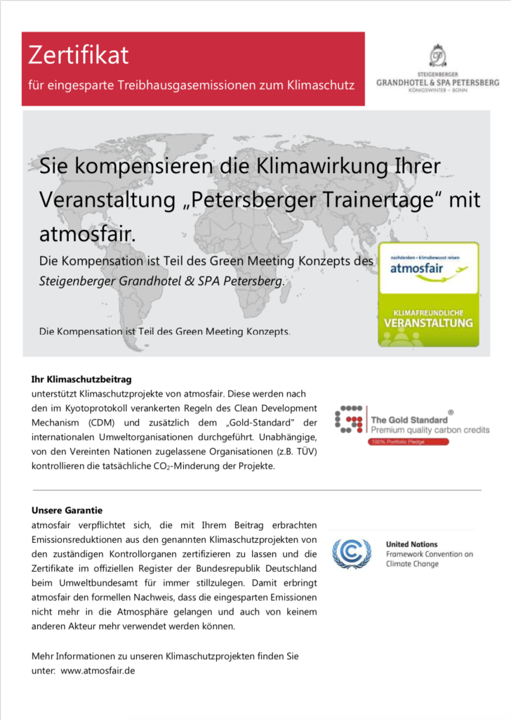 Zertifikat über die Kompensation von Veranstaltungen im Rahmen der Klimabemühung der managerSeminare Verlags GmbH